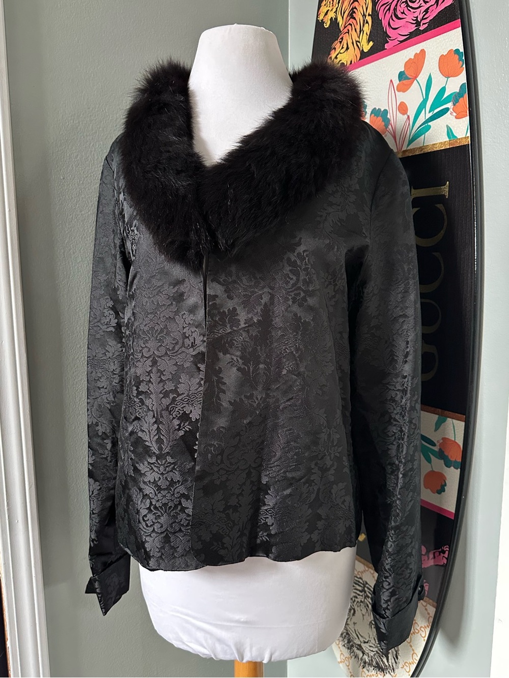 Lord & Taylor Black Jacquard Silk Jacket Fox Fur Collar Gothic Vampire Costume